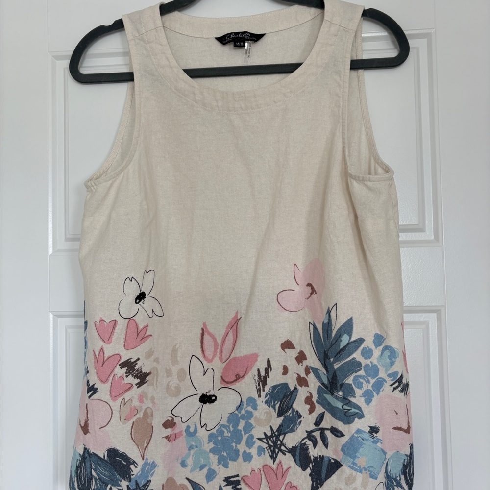CHARLIE B Cream Floral Tank with Pink & Blue Accents